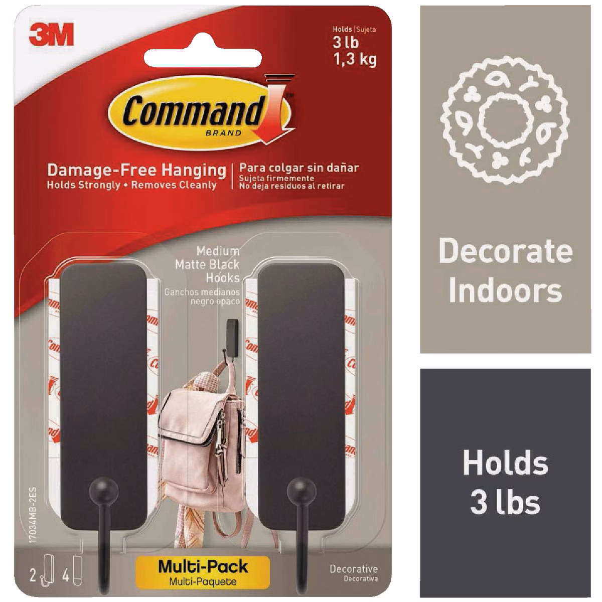 Command Medium Matte Black Decorative Hook, 2 Hooks, 4 Strips