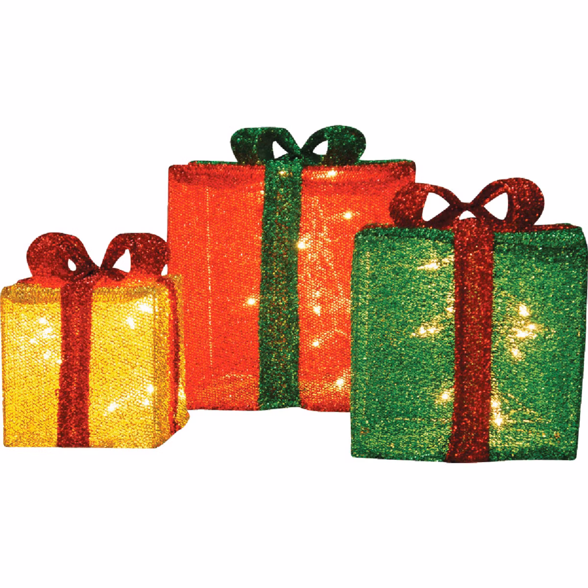 Candy Cane Lane 12 In./10 In./8 In. LED 3D Tinsel Presents Holiday Yard Art