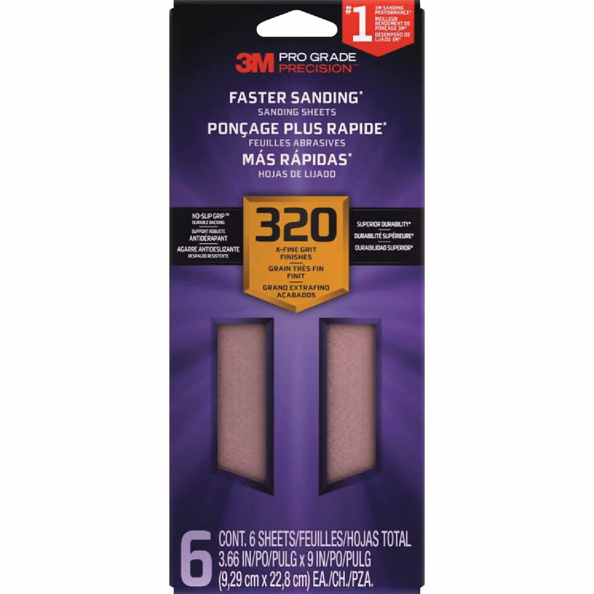 3M Pro Grade Precision 3-2/3 In. x 9 In. 320 Grit 1/3 Sheet Sandpaper with No-Slip Grip Backing (6-Pack)