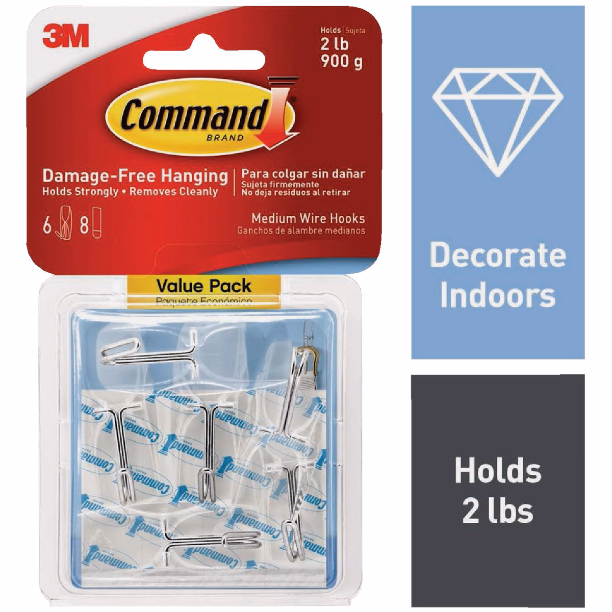 Command Medium Wire Hook Value Pack, Clear, 6 Hooks, 8 Strips