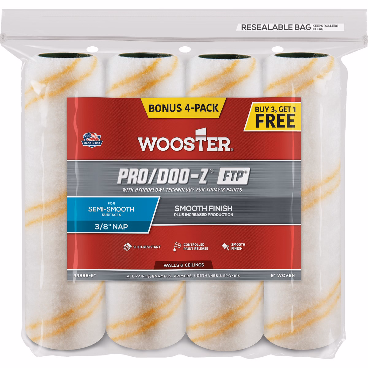 Wooster Pro/Doo-Z FTP 9 In. x 3/8 In. Woven Fabric Roller Cover (4-Pack)