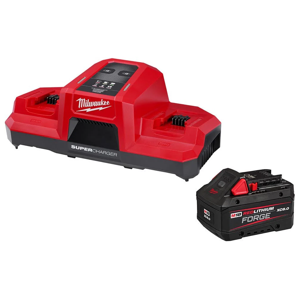 Milwaukee M18 REDLITHIUM Forge XC 8ah Battery and Dual Bay Super Charger – 48-59-1881SC