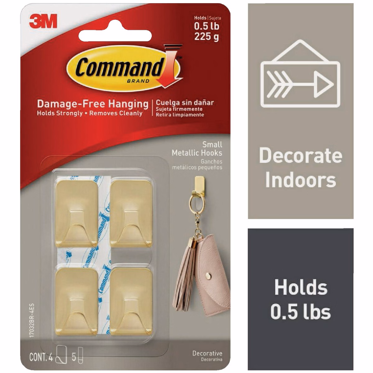 Command Small Metallic Brass Decorative Hook, 4 Hooks, 5 Strips