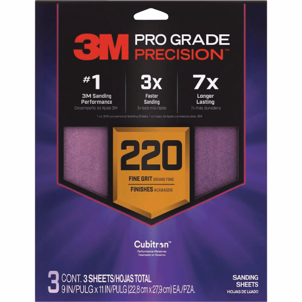 3M Pro Grade Precision 9 In. x 11 In. 220 Grit Sandpaper Sheet with No-Slip Grip Backing (3-Pack)