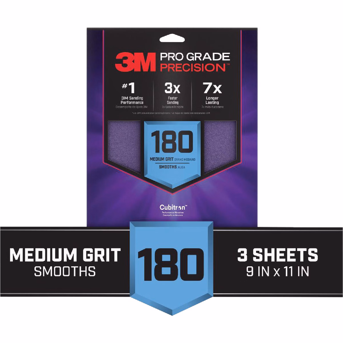 3M Pro Grade Precision 9 In. x 11 In. 180 Grit Sandpaper Sheet with No-Slip Grip Backing (3-Pack)