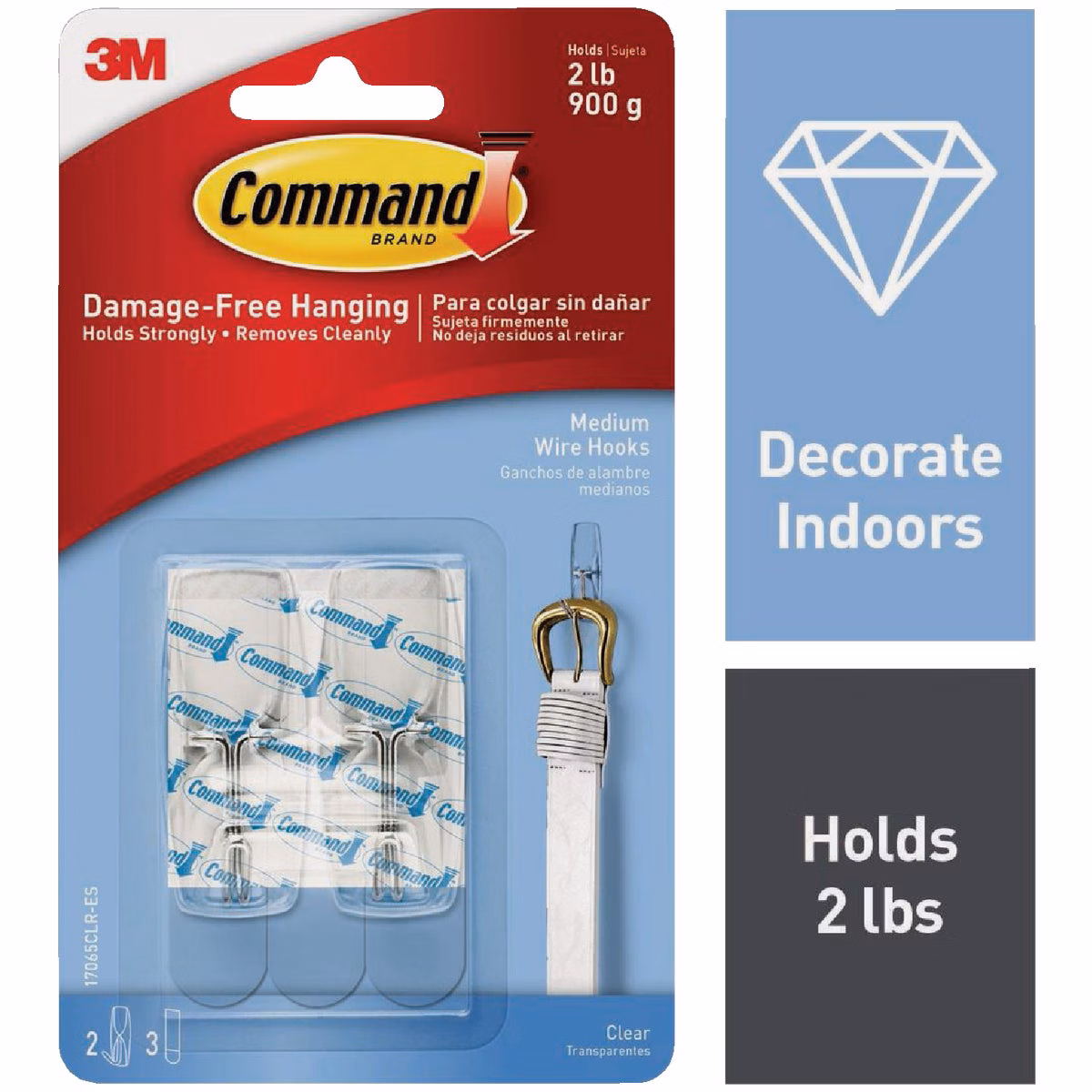 Command Medium Wire Hook, Clear, 2 Hooks, 3 Strips