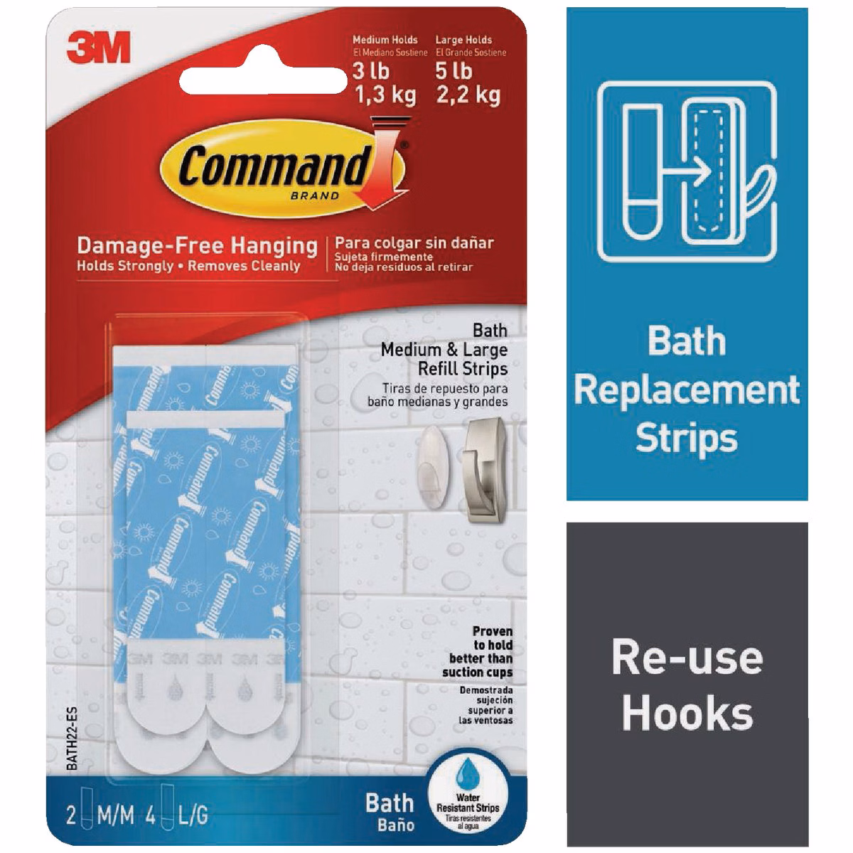 Command Assorted Water/Bath Resistant Refill Strips, 2 Medium and 4 Large Strips