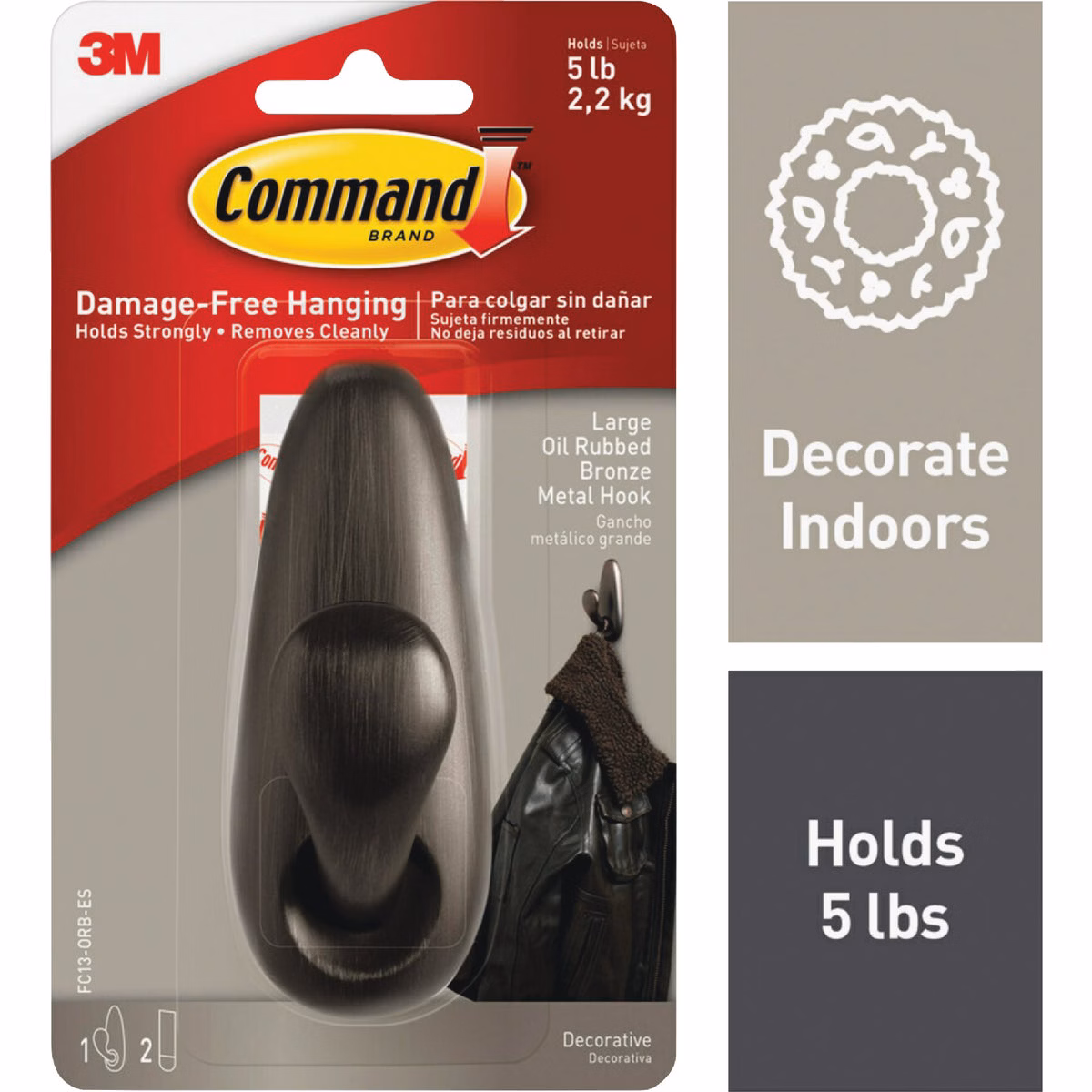 Command Outdoor Forever Classic Large Metal Hook with Foam Strips, Oil Rubbed Bronze, 1 Hook, 2 Strips