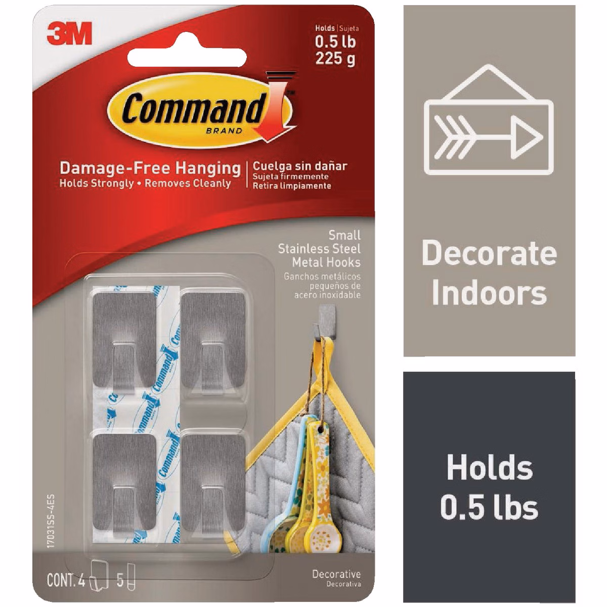 Command Small Stainless Steel Metal Hooks, 4 Hooks, 5 Strips