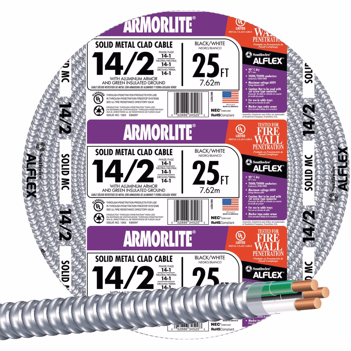 Southwire 25 Ft. 14/2 MC Armored Cable Electrical Wire