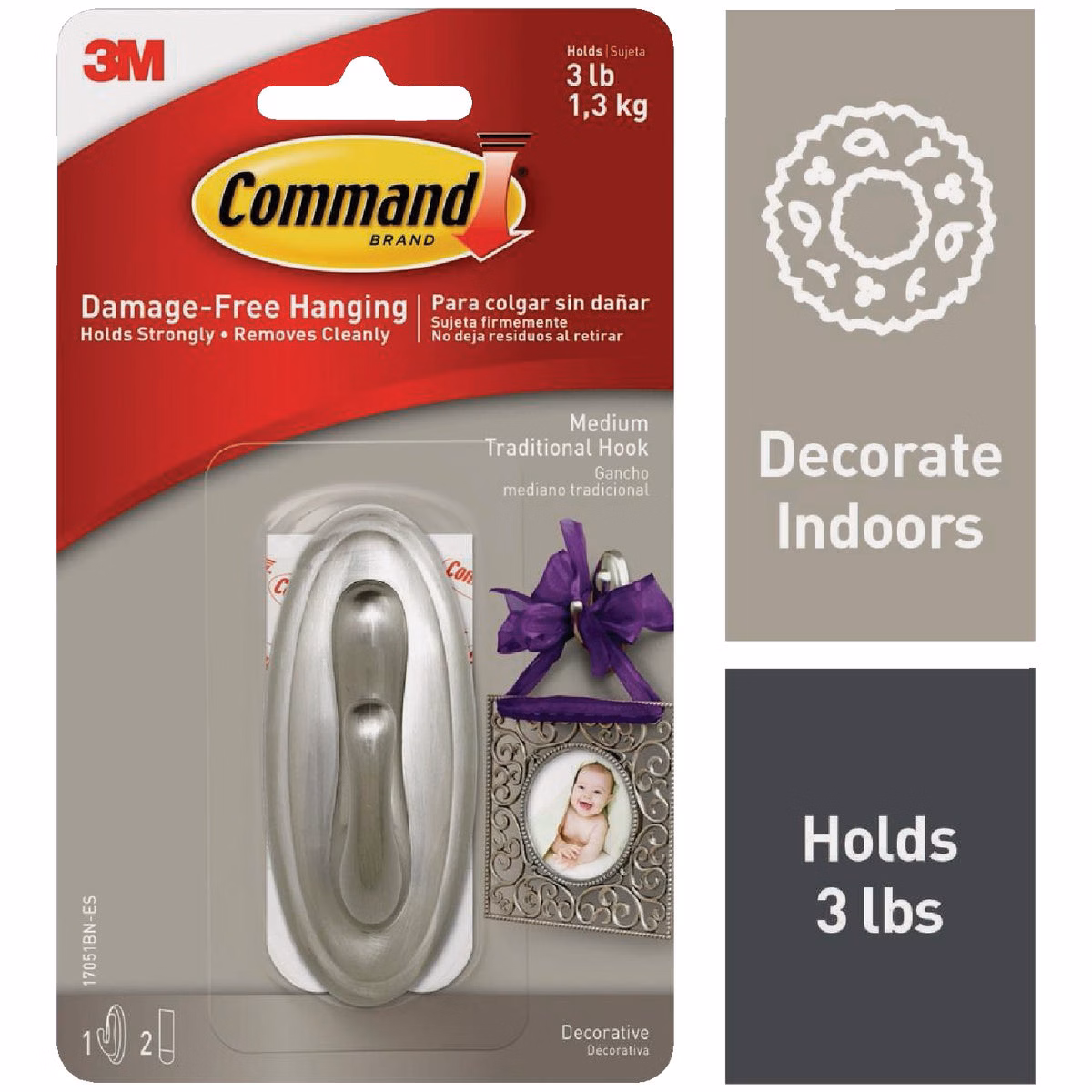 Command Medium Brushed Nickel Traditional Hook, 1 Hook, 2 Strips