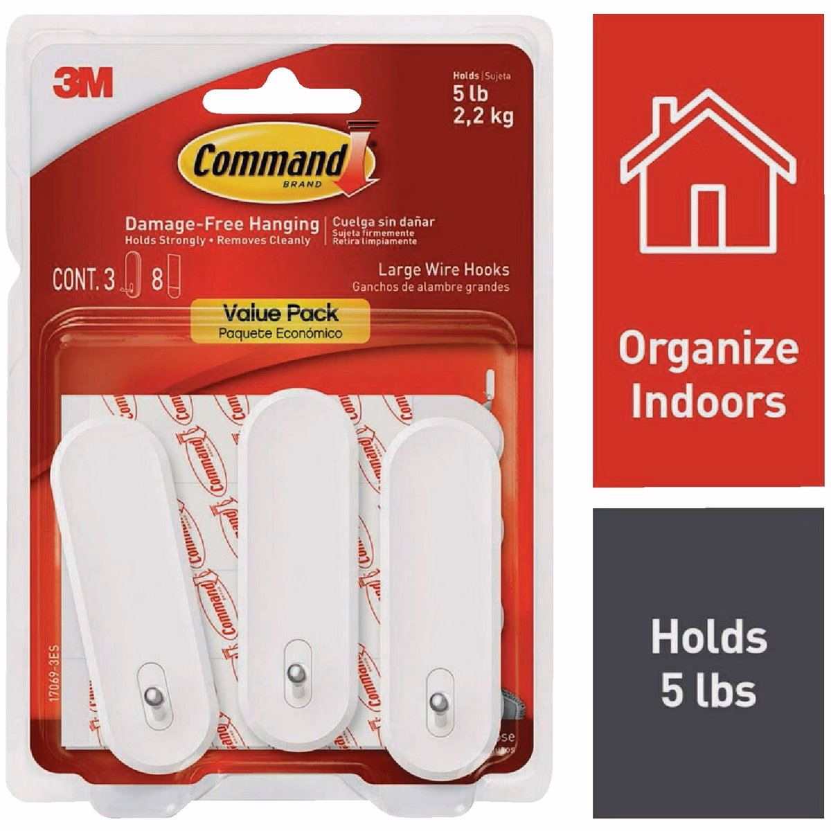 Command Large Wire Hook, White, 3 Hooks, 8 Strips