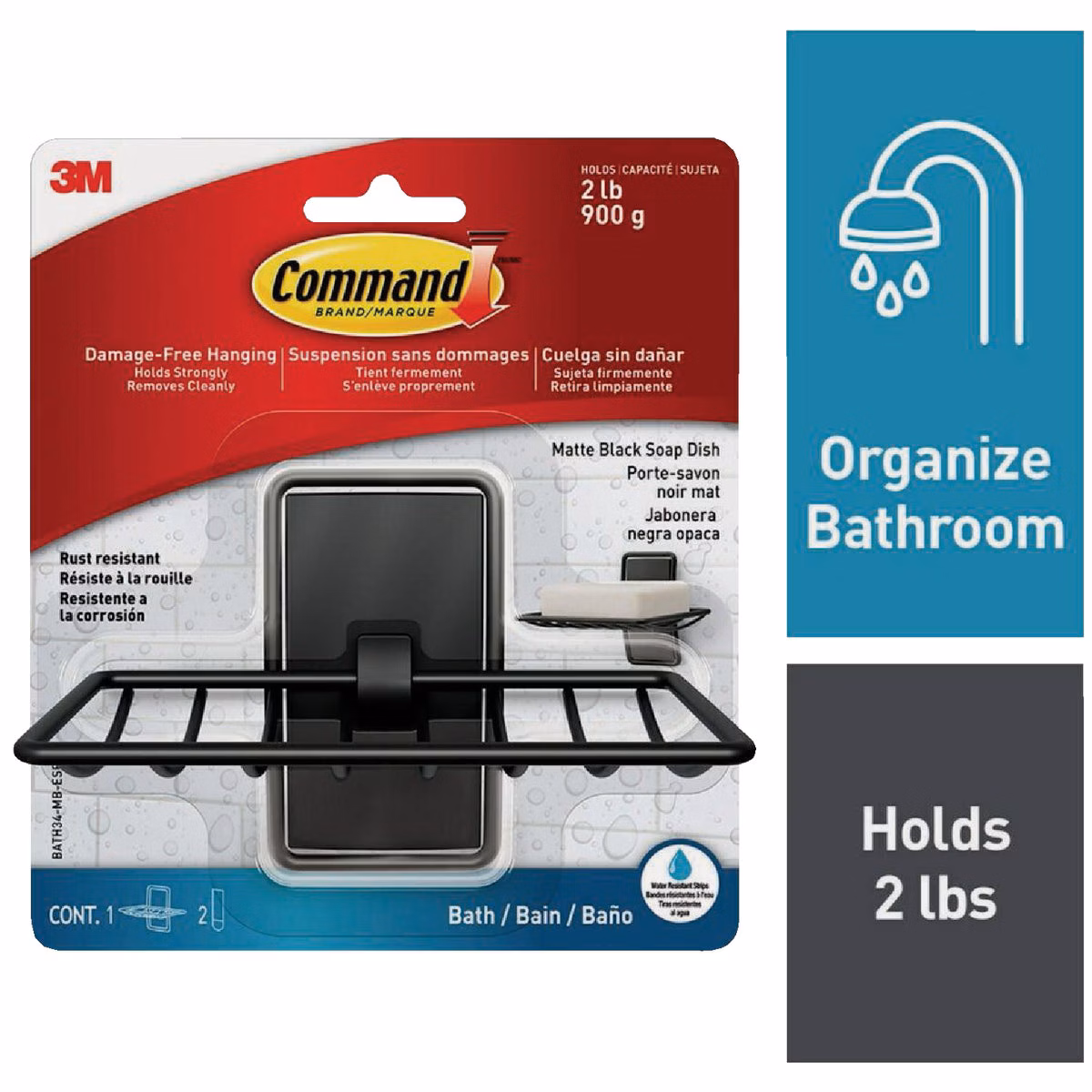 Command Adhesive Soap Dish, Matte Black, 2 Medium Water-Resistant Strips
