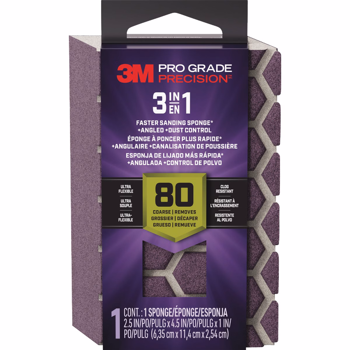 3M Pro Grade Precision 2.5 In. x 4.5 In. x 1 In. 80 Grit Coarse 3-in-1 Sanding Sponge