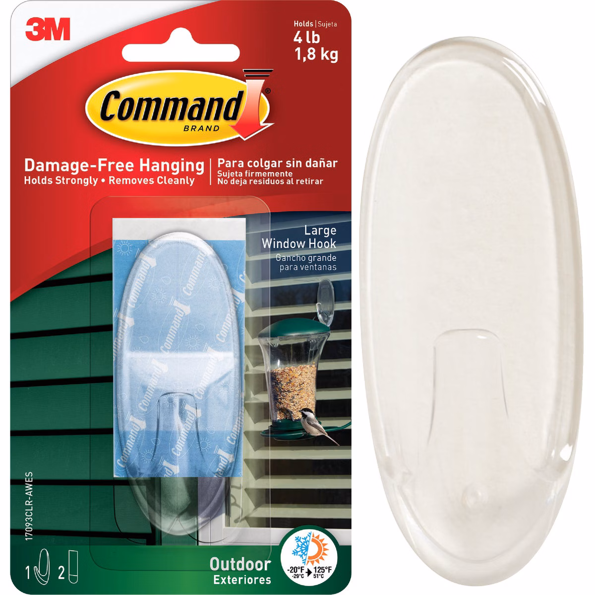 Command Outdoor Large Clear Window Hook, 1 Hook, 2 Strips