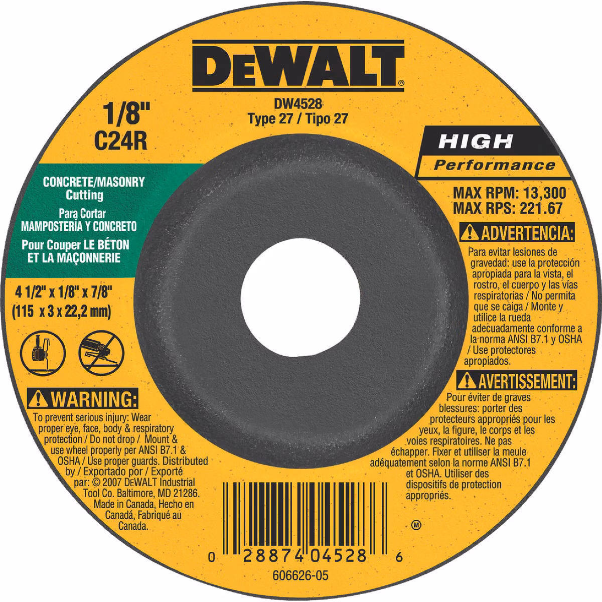 DEWALT HP Type 27 4-1 In. x 1/8 In. x 7/8 In. Masonry Cut-Off Wheel