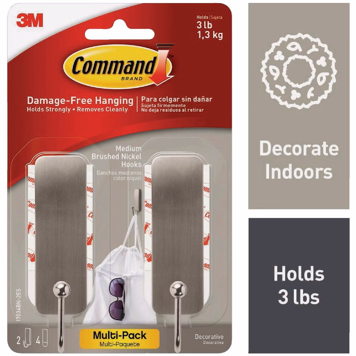 Command Medium Brushed Nickel Decorative Hook, 2 Hooks, 4 Strips