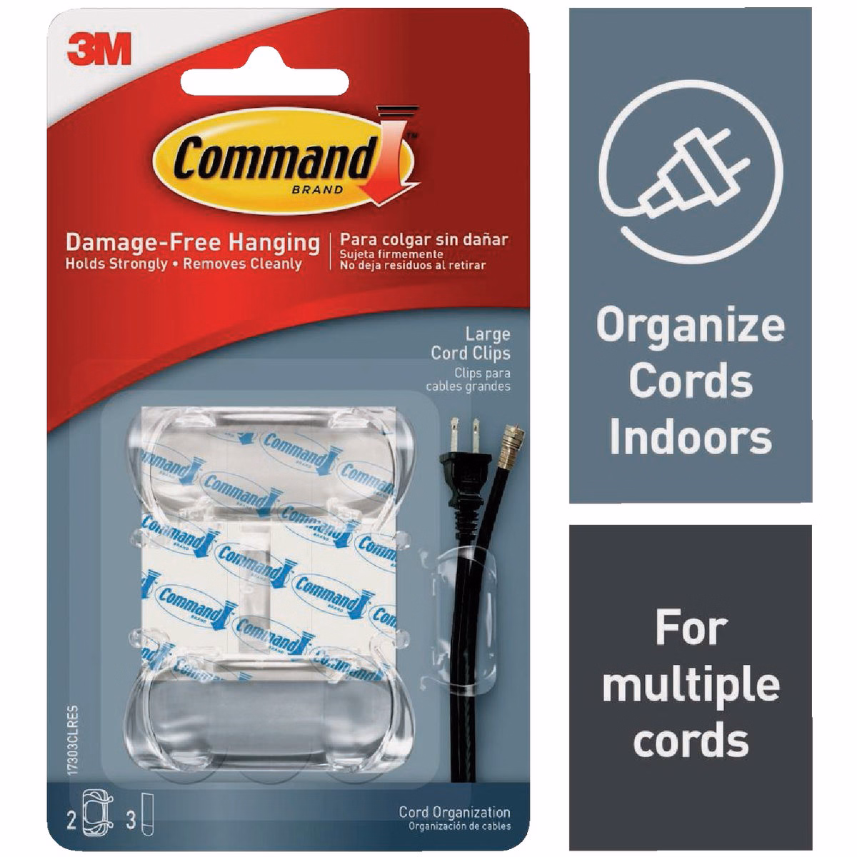 Command Clear Large Cord Clips, 2 Clips, 3 Strips