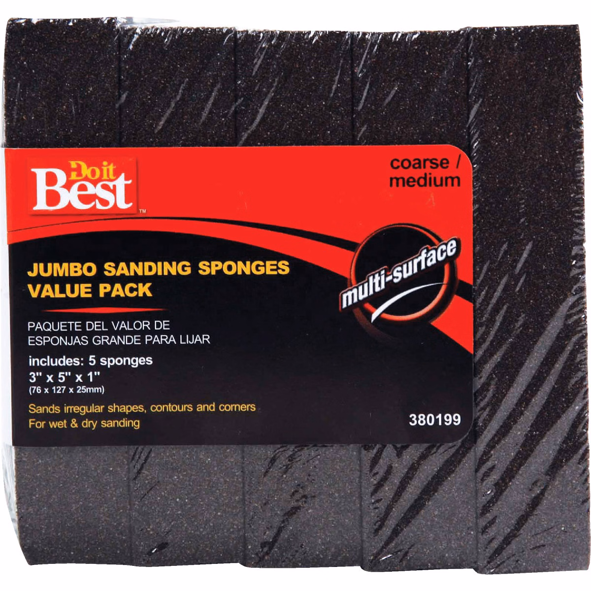 Do it Best Jumbo 3 In. x 5 In. x 1 In. Medium/Coarse Sanding Sponge (5-Pack)