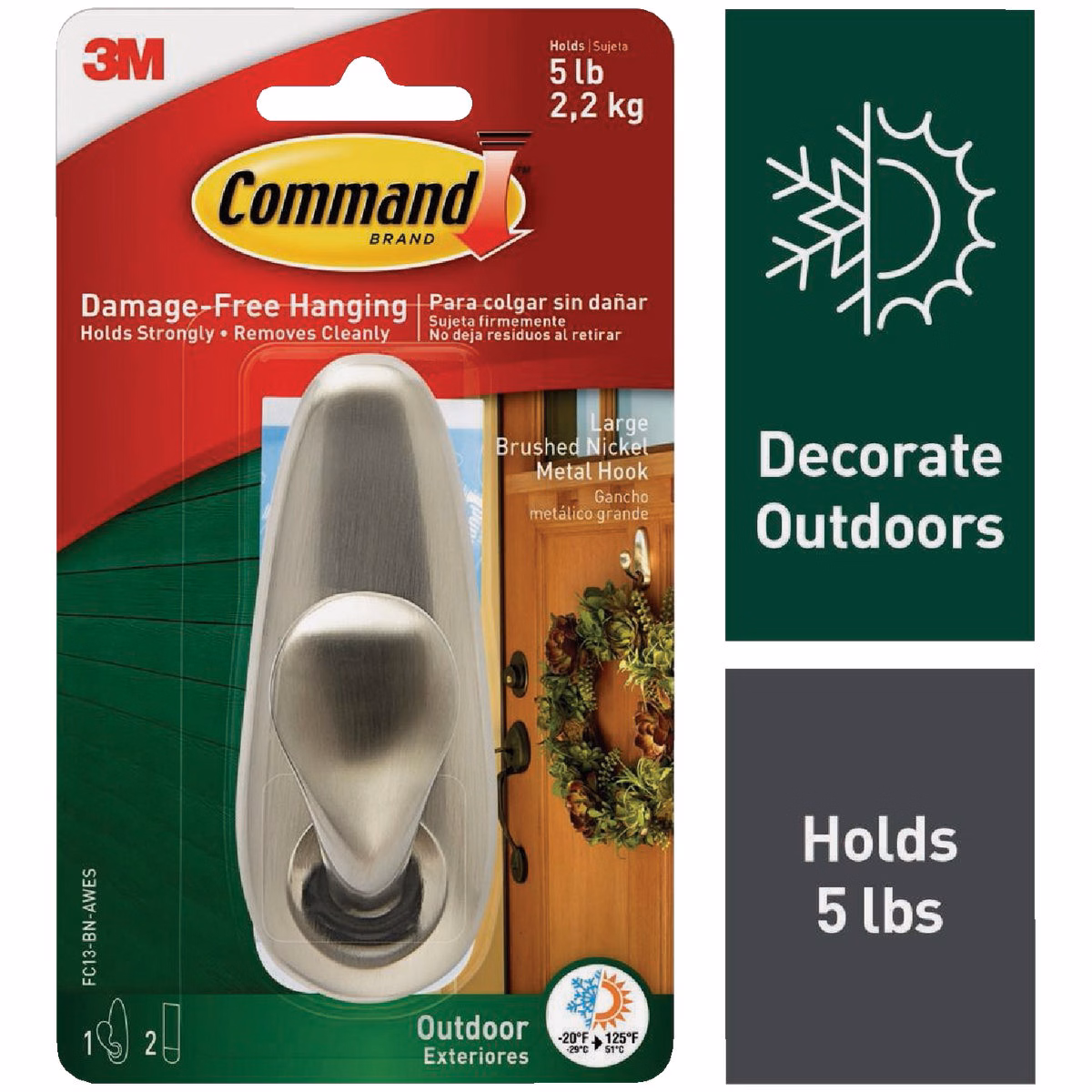 Command Outdoor Forever Classic Large Metal Hook, Brushed Nickel, 1 Hook, 2 Strips