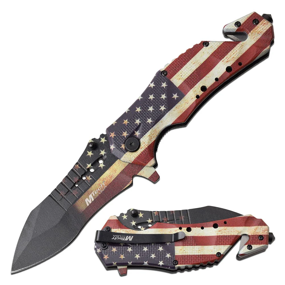 USA Flag Spring Assisted Knife w/ Seat Belt Cutter – MT-A845SF